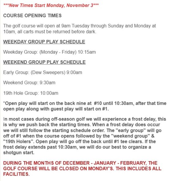 Winter 2025 Hours of Operation